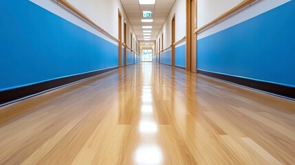 Sticker - Empty hospital hallway, bright and clean, with polished light brown wooden floor reflecting the light. The walls feature light blue accents and light