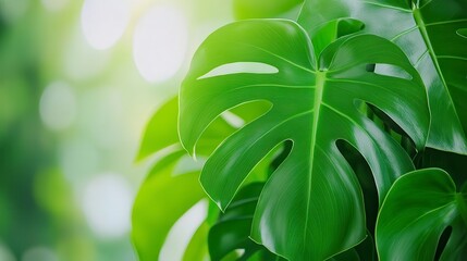 Close up of lush green plant leaves, vibrant and healthy foliage, glistening with water droplets, soft background, bright and sunny lighting, natural