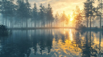 Wall Mural - Calm lake with crystal-clear water, reflections of surrounding trees, golden hour light, tranquil mood, high-definition natural textures Cinematic Scene