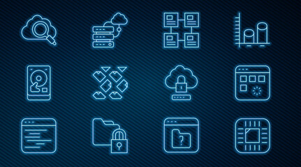 Set line Processor with CPU, Loading data window, Hierarchy organogram chart, Data stream, Hard disk drive HDD, Search cloud computing, Cloud lock and Network connection icon. Vector
