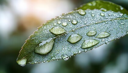 Poster - Detailed close-up of raindrops on a leaf, soft natural light, vibrant green tones, clean and minimalist aesthetic, high clarity Cinematic Scene