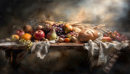 Still life of fresh fruits on a rustic wooden table, soft natural light, vibrant and colorful composition, clean and simple aesthetic