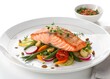 © Sianna - Deliciously cooked salmon fillet served on a plate with a colorful array of fresh vegetables and a flavorful garnish