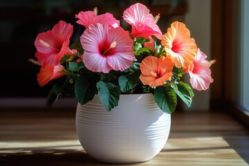 Wall Mural - A white vase filled with fresh pink and orange flowers for a beautiful arrangement or decoration