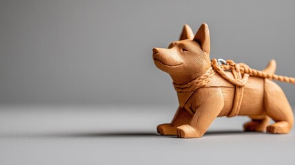 Wooden dog figurine with leash on gray background