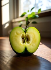 an image of a half eaten apple sitting on a table, there is a half of an apple that is sitting on a table