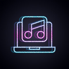 Wall Mural - Glowing neon line Laptop with music note symbol on screen icon isolated on black background. Vector