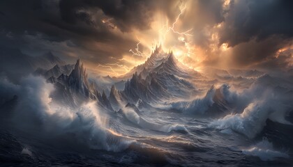 Leinwandbilder - Dramatic ocean storm with crashing waves against jagged cliffs, intense light breaking through dark storm clouds, powerful and cinematic energy