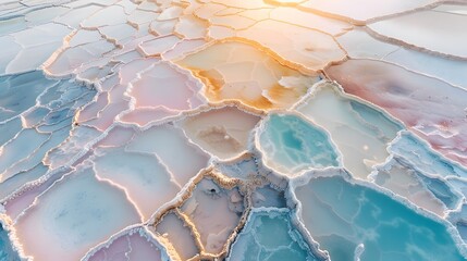 Poster - Vibrant aerial view of colorful salt flats, geometric patterns, dreamy pastel hues, moody atmosphere, cinematic light