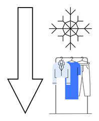 Wall Mural - Large downward arrow, snowflake, and clothing rack with winter clothes. Ideal for seasonal change, winter fashion, closet organization, retail, cold weather sales minimalism. Line metaphor