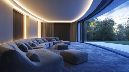 Poster - A modern, spacious living room featuring soft furnishings, ambient lighting, and large windows that offer a view of the outdoors.