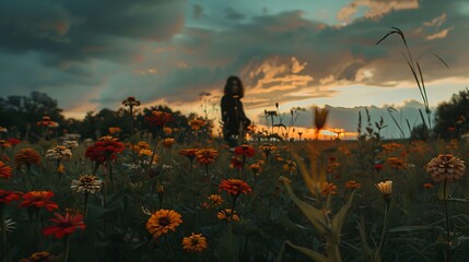 Wall Mural - vibrant zinnias in a summer field, captured cinematically, wide-angle,