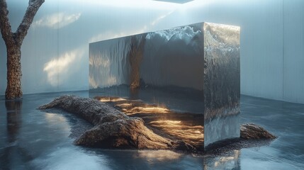 Poster - Aetherial Cube: Luminescent Gold Veins Flowing Through Stone, Reflected in Minimalist Azure Space with Natural Elements and Tree, Evoking Serenity.