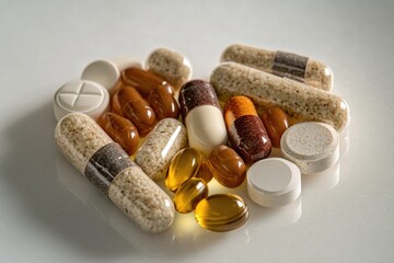 Wall Mural - A selection of pills and capsules arranged on a flat surface, ideal for use in medical or health-related contexts