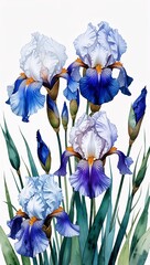 Wall Mural - Iris Blooms in a Garden Scene watercolor in Elegant Botanical on plain white background