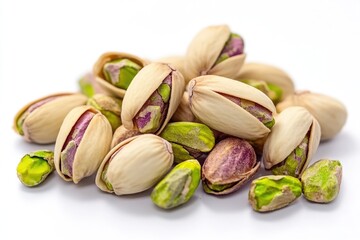 Wall Mural - A pile of pistachios on a white surface, ideal for food or product photography