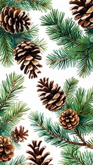 Wall Mural - Pine Cones and Fir Branches watercolor in Evergreen Botanical on plain white background