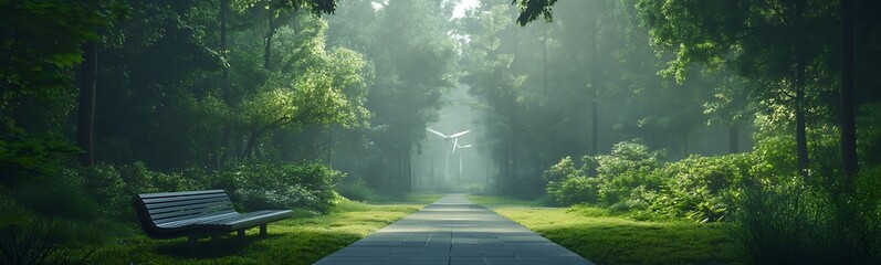 Aufkleber - A serene forest path with a bench, illuminated by soft light filtering through the trees, creating a tranquil and inviting atmosphere.