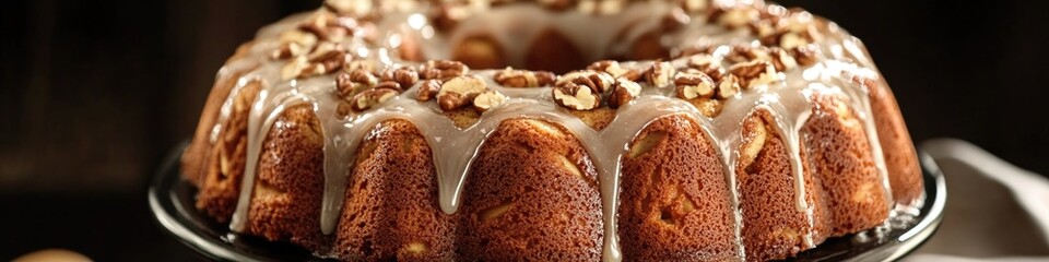 Wall Mural - A classic bundt cake with creamy icing and crunchy nuts on top, perfect for serving at parties or as a dessert