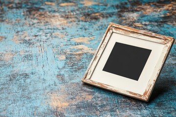 A picture frame sits on top of a blue table, perfect for displaying memories or as a decorative piece