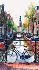 Wall Mural - Amsterdam Canals with Bicycles watercolor in Charming Cityscape on plain white background