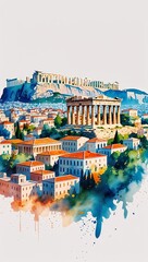 Wall Mural - Athens with the Parthenon Overlooking the City watercolor in Ancient Meets Modern Cityscape on plain white background