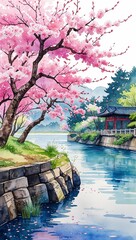 Wall Mural - Cherry Blossoms by a Riverside watercolor in Tranquil Asian Landscape on plain white background