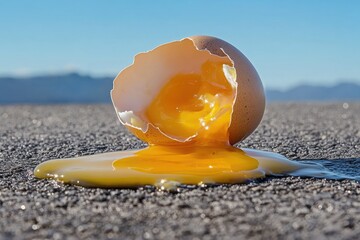 Wall Mural - A cracked egg lying on the edge of a road, possibly after being hit by a vehicle or fallen from above