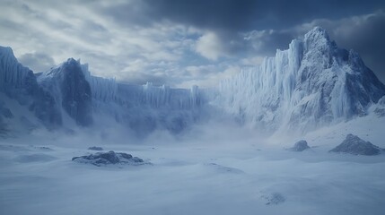 Poster - A vast, icy landscape featuring towering glaciers and snow-covered terrain under a dramatic, cloudy sky.