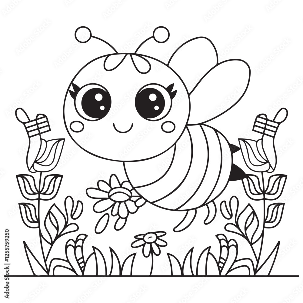 Cute kawaii cartoon character bee in the flower garden coloring page ...