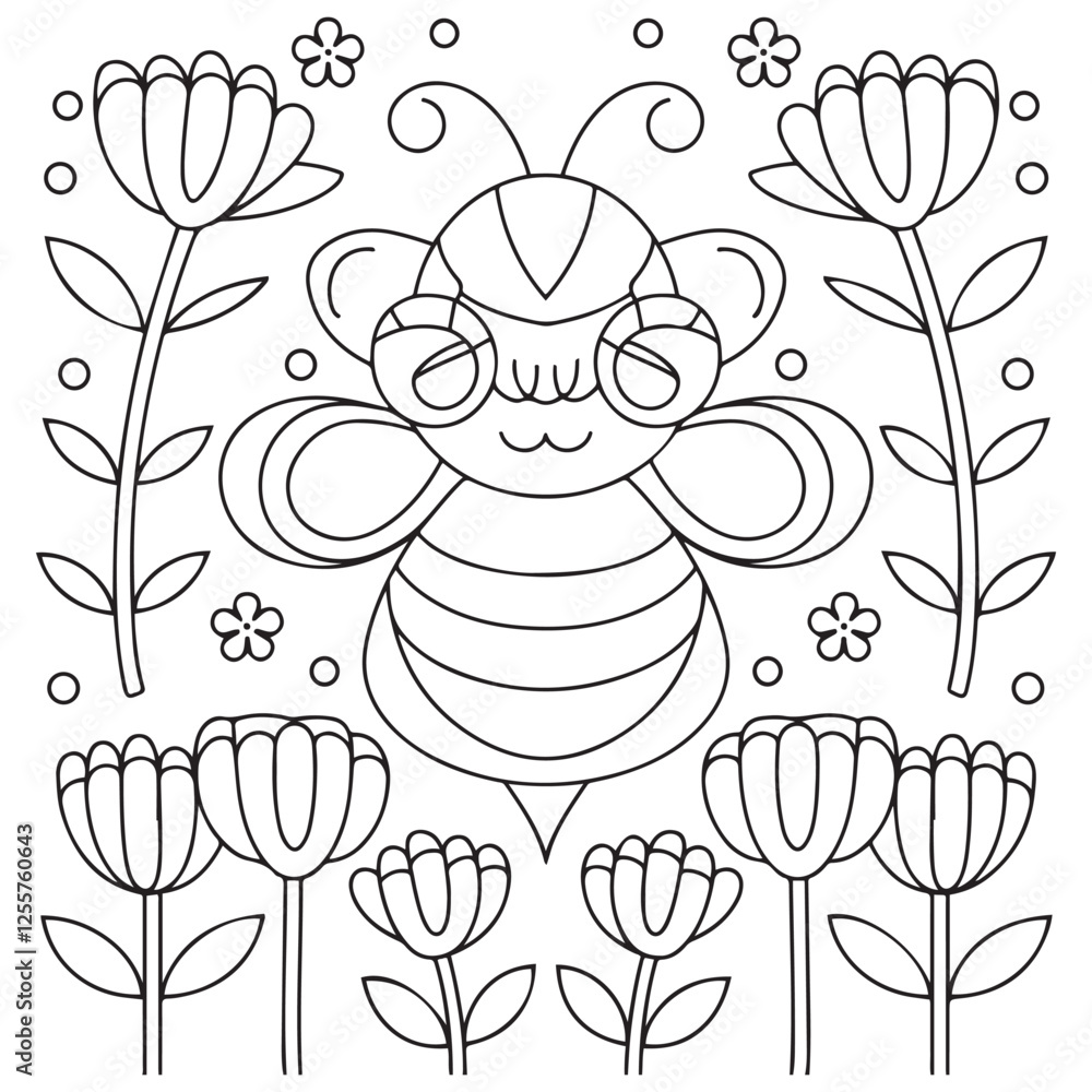 Cute kawaii cartoon character bee in the flower garden coloring page ...