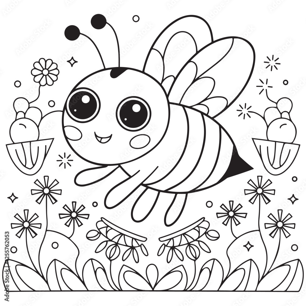 Cute kawaii cartoon character bee in the flower garden coloring page ...