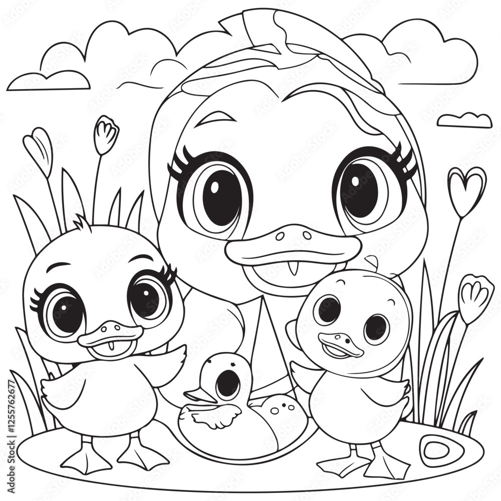 Cute kawaii duck family cartoon character coloring page vector ...