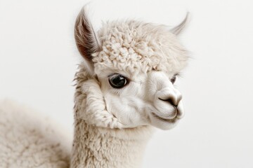 Close-up shot of a llama's face on a white background, suitable for branding or editorial use