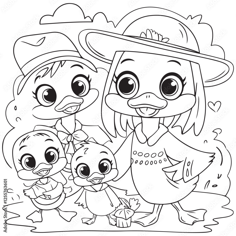 Cute kawaii duck family cartoon character coloring page vector ...