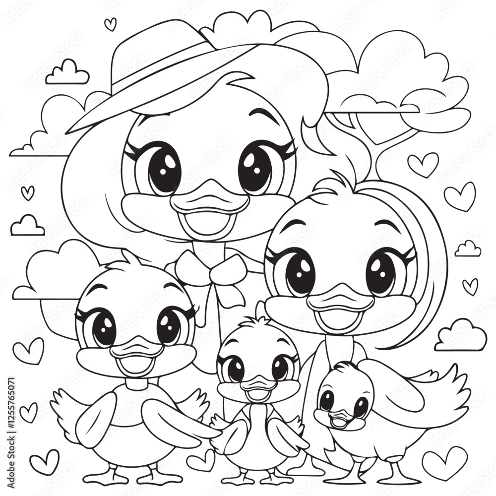 Cute kawaii duck family cartoon character coloring page vector ...