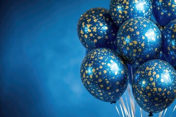 Wall Mural - A cluster of blue and gold balloons against a blue background