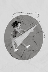 Wall Mural - Vertical collage of amazed black white effect girl arms catch flying paper plane isolated on painted background