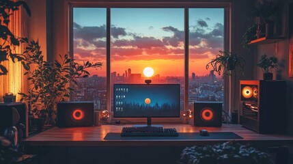 Poster - Serene Sunset Workspace: A Modern Desk with City View, Glowing Audio and PC Setup Complemented by Lush Plants and Warm, Ambient Lighting at Dusk