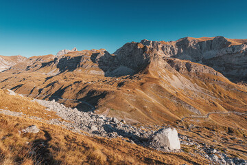 Wall Mural - Golden hour illuminating the valley and mountains of Durmitor national park with a winding road in Montenegro