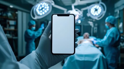 A mobile phone with a white screen and a patient being treated in the backgrounds