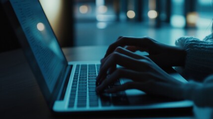 Typing on laptop keyboard in dim light, concept of technology and communication
