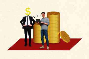 Wall Mural - Template sketch image composite artwork collage of team two young man stand hold laptop money dollar head business success earnings wealth