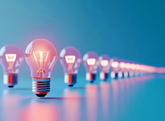 Row of glowing light bulbs on a reflective surface with soft blue background and warm illuminated filaments creating a serene and modern atmosphere