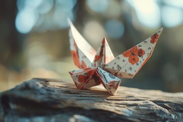 Wall Mural - Two origami paper birds perched on top of a tree stump, surrounded by nature