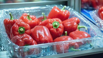 Wall Mural - Fresh red peppers stored in a plastic container