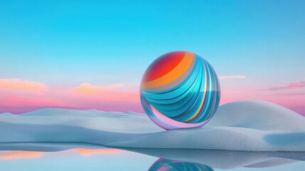 Wall Mural - Colorful abstract sphere on soft waves with a vibrant sky background.