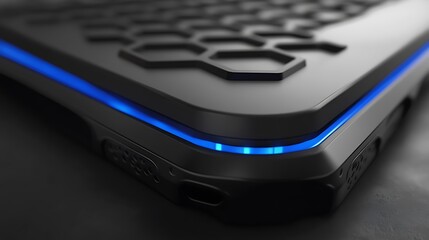 Futuristic phone, glowing edge, dark background, tech concept