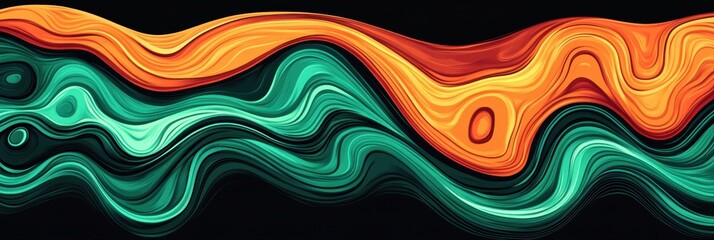 Wall Mural - Colorful abstract waves of orange and teal on a black background, perfect for modern design projects.
