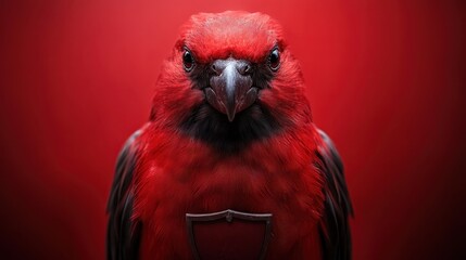 A striking red bird gazes directly at the viewer, its fierce expression and glossy feathers against a bold red background convey a sense of power and intensity.